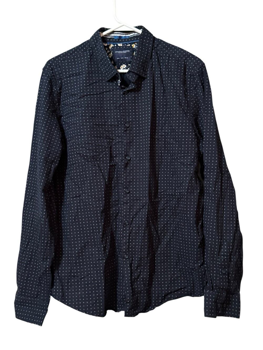 Denim & Flower Ricky Singh Men Sz Large Blue Polka Dot Cotton Long Sleeve Shirt